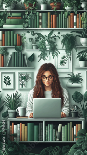 An illustration of a young intellectual woman wearing glasses, working and studying in her home office, surrounded by green plants and books, embodies a productive and inspiring environment