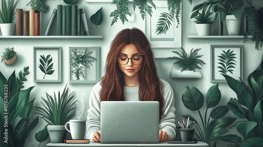 An illustration of a young intellectual woman laptop wearing glasses, working and studying in her home office, surrounded by green plants and books, embodies a productive and inspiring environment