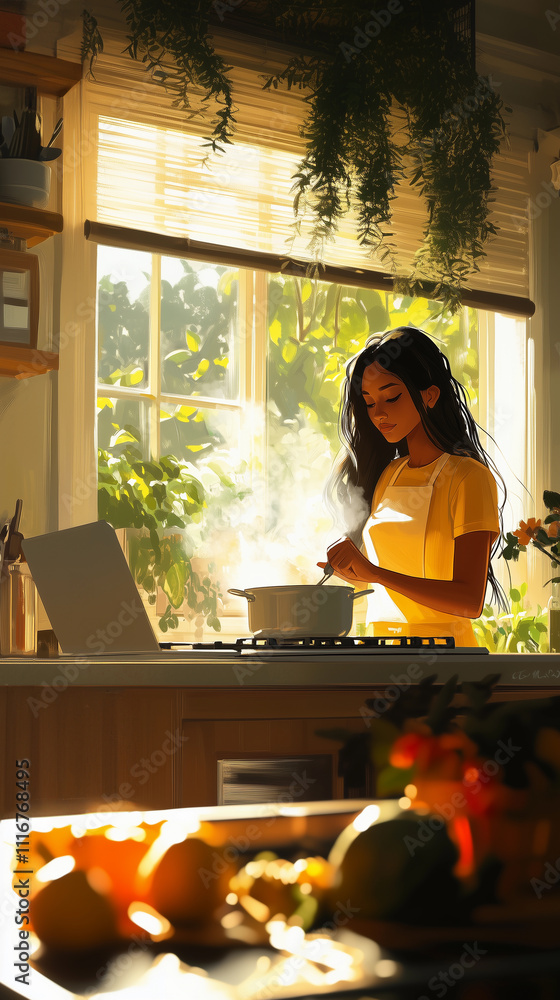A Latina woman is cooking traditional homemade food using organic vegetables from sustainable farms, emphasizing healthy vegetarian diets