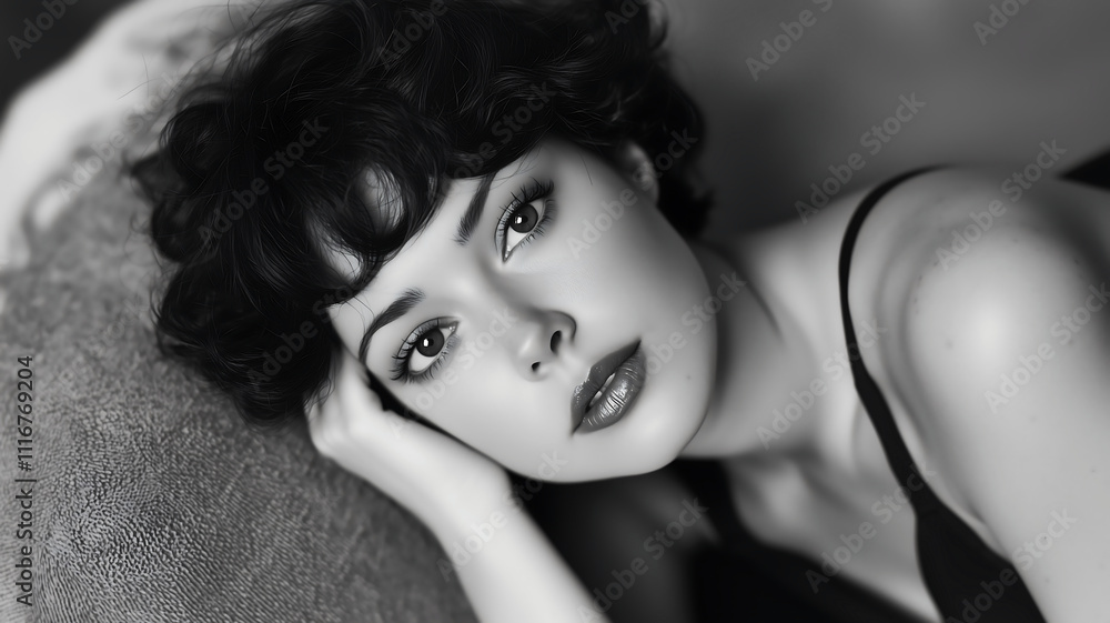Naklejka premium Elegant Black and White Portrait of a Relaxed Woman with Captivating Eyes
