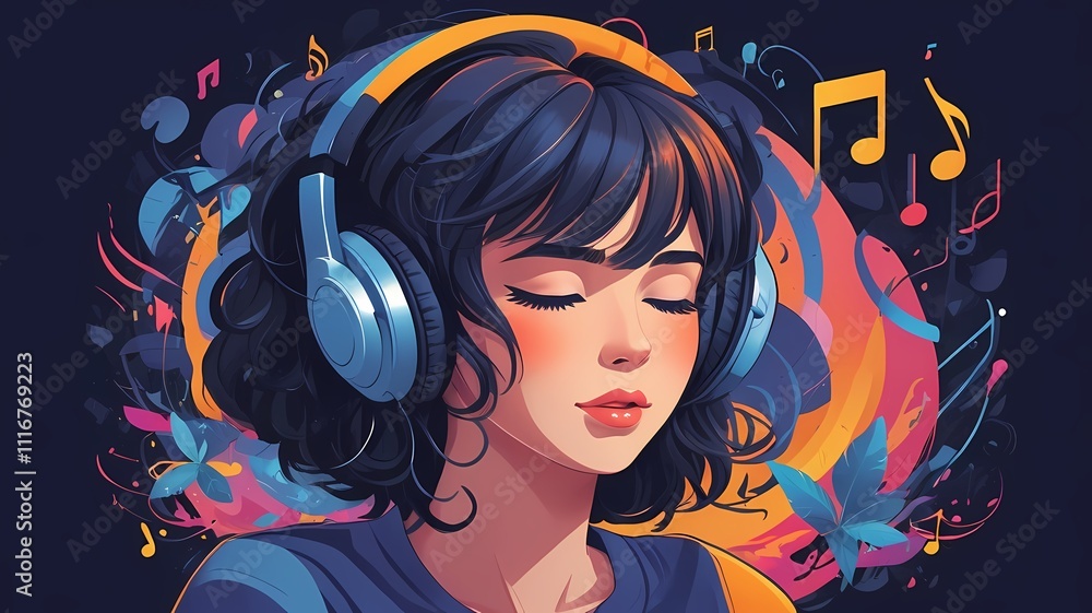 Naklejka premium illustration of a person with headphones who is completely into the music and the moment. As if in another world. Surrounded by music notes and symbols. Creative, art and music concept.
