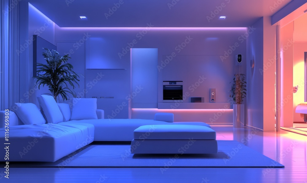 A modern living room where subtle technology devices are integrated seamlessly, like a smart thermostat, remote control appliances, and security. A modern living room where subtle technology devices are integrated seamlessly, like a smart thermostat, remote control appliances, and security.