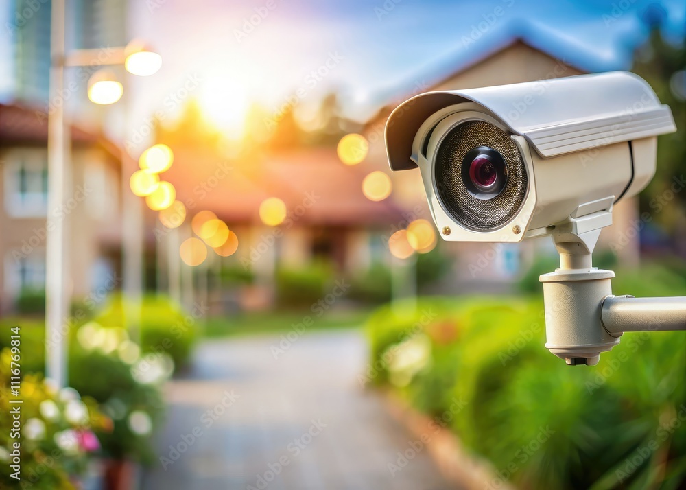 High-resolution candid shot of a perimeter surveillance camera set against a softly blurred background, ideal for security applications with space for text overlay. High-resolution candid shot of a perimeter surveillance camera set against a softly blurred background, ideal for security applications with space for text overlay.