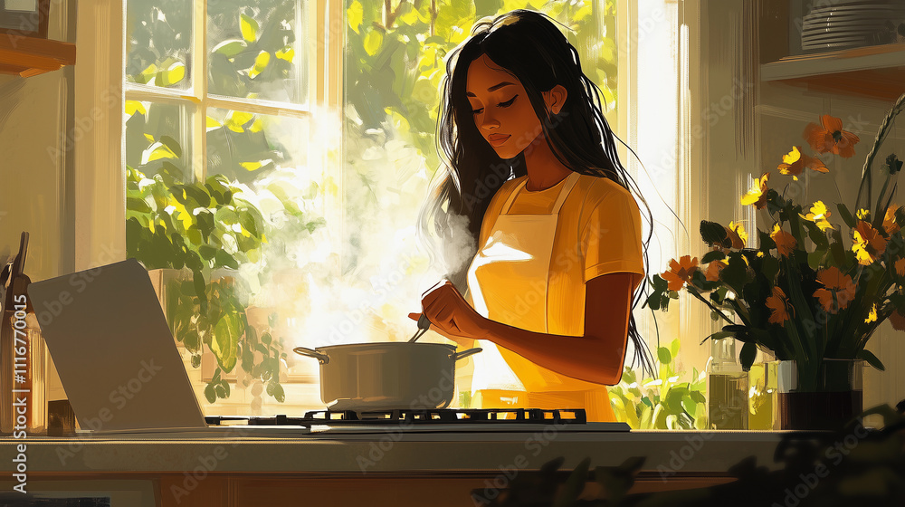 A Latina woman brunette is cooking traditional homemade food using organic vegetables from sustainable farms, emphasizing healthy vegetarian diets