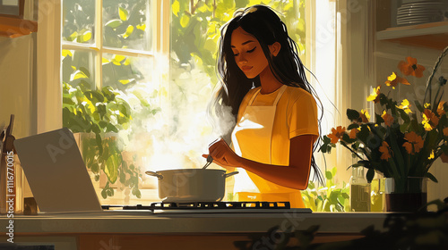 Obraz na płótnie A Latina woman brunette is cooking traditional homemade food using organic vegetables from sustainable farms, emphasizing healthy vegetarian diets w salonie