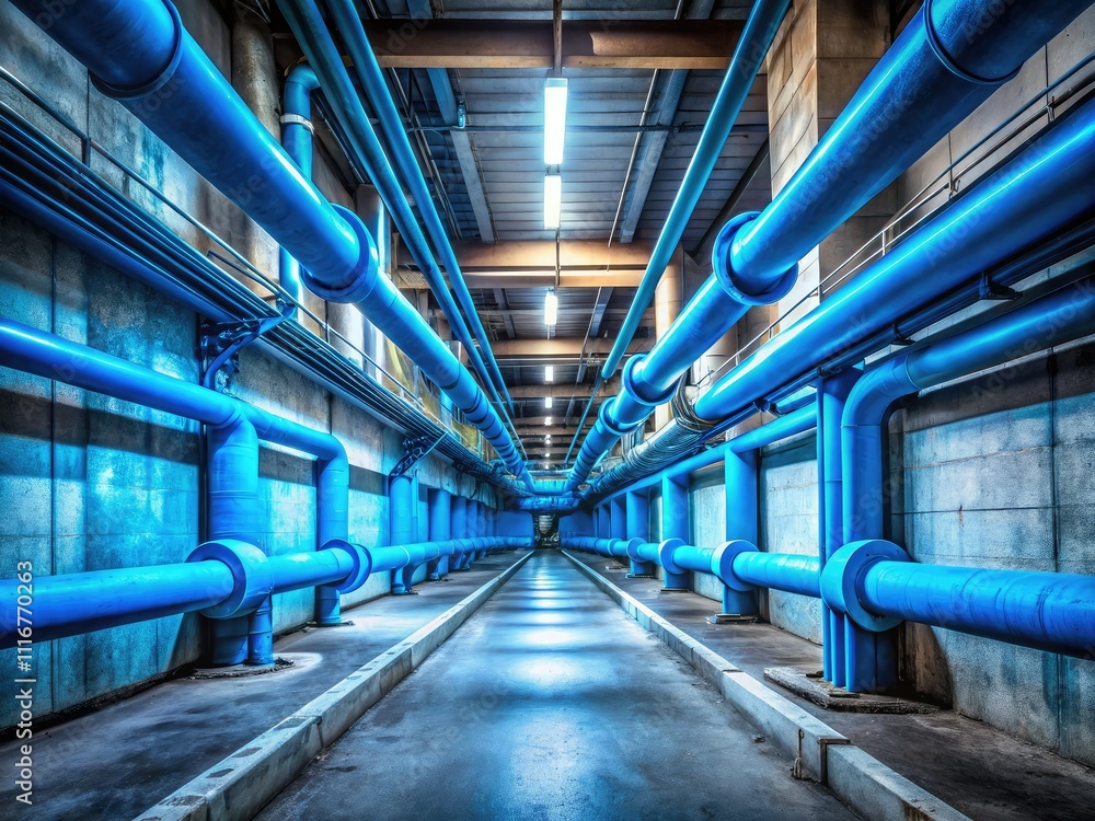 In a concrete corridor, vibrant blue pipes create striking contrasts. High depth of field photography enhances this captivating scene, emphasizing industrial architecture and urban exploration. In a concrete corridor, vibrant blue pipes create striking contrasts. High depth of field photography enhances this captivating scene, emphasizing industrial architecture and urban exploration.