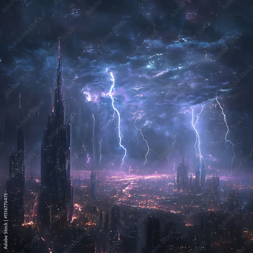 Obraz premium Futuristic city skyline under a dramatic thunderstorm with lightning strikes.