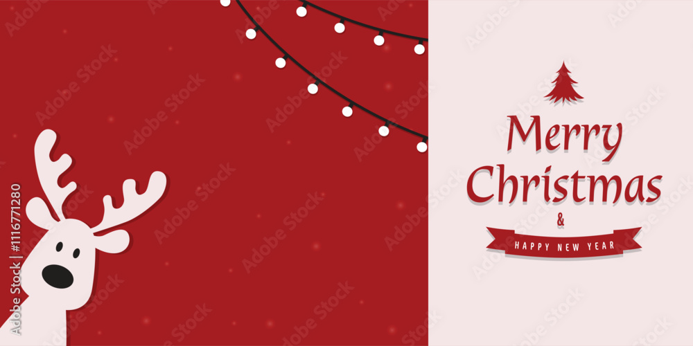 Cute Christmas reindeer on a red background. Christmas background, banner, or card. Vector Unique Xmas design.