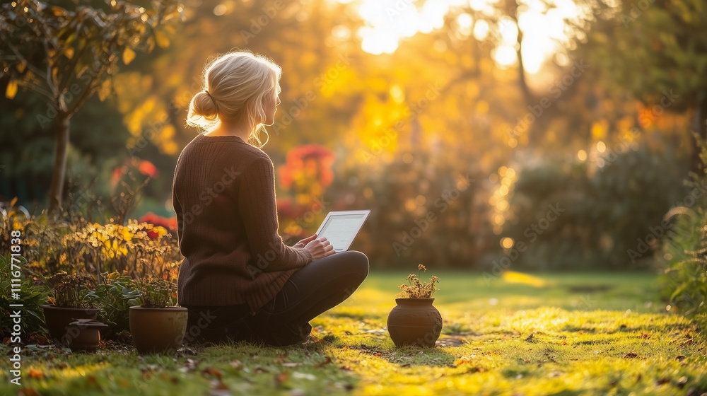 a woman studying and working outdoor with a tablet and laptop in a garden surrounded by plants emphasizes the importance of sustainable education and renewable energy