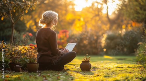 Obraz na płótnie a woman studying and working outdoor with a tablet and laptop in a garden surrounded by plants emphasizes the importance of sustainable education and renewable energy w salonie