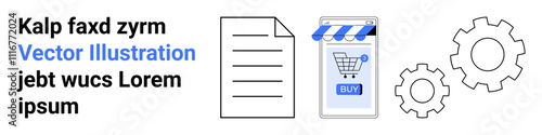 Paper document, smartphone with a shopping cart icon and gears. Ideal for e-commerce, mobile app, project management, technology blogs, digital marketing, learning resources, startup pitches. Landing