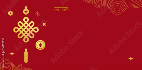 Golden and red Chinese abstract background with elements, flowers, lucky coins. Concept design 
