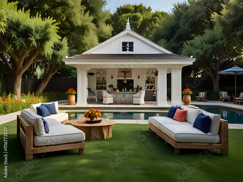 Charming White Pool House with Outdoor Seating, Bar, Small Pool, and Blue Striped Sofas Surrounded by Lush Greenery