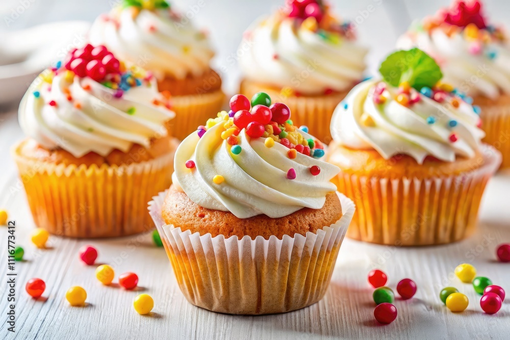 Irresistible muffins featuring vanilla fruit cream and bright candy sprinkles, beautifully displayed on a white backdrop—perfect for dessert lovers, baking enthusiasts, and sweet indulgences. Irresistible muffins featuring vanilla fruit cream and bright candy sprinkles, beautifully displayed on a white backdrop—perfect for dessert lovers, baking enthusiasts, and sweet indulgences.