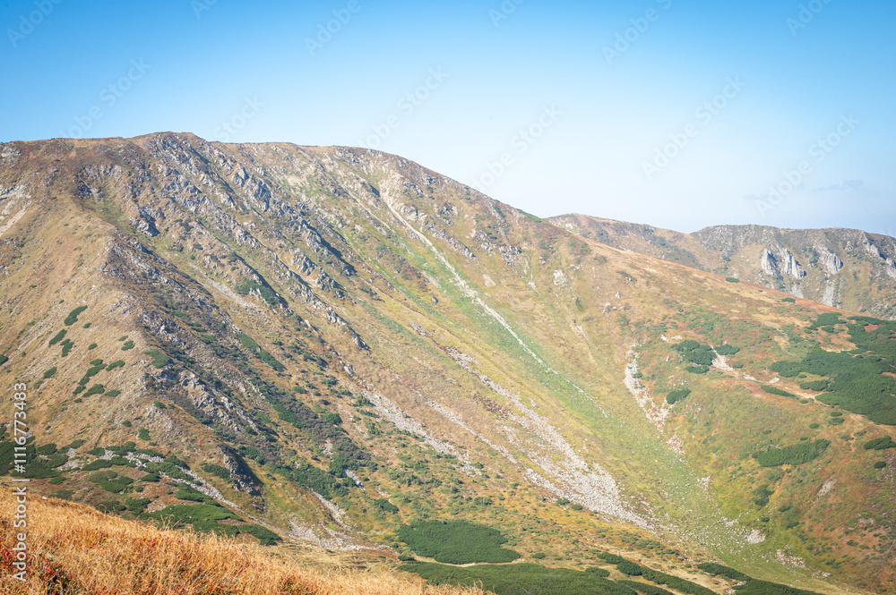 Naklejka premium Scenic view of mountain slopes bathed in soft sunlight, covered with green vegetation and rocky textures. A peaceful natural landscape showcasing the rugged beauty of high-altitude terrain