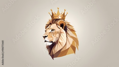 Illustration of a lion wearing a golden crown. The Lion of Judah. Against a beige background. The Lions face is facing left. Illustration centered in the frame. photo