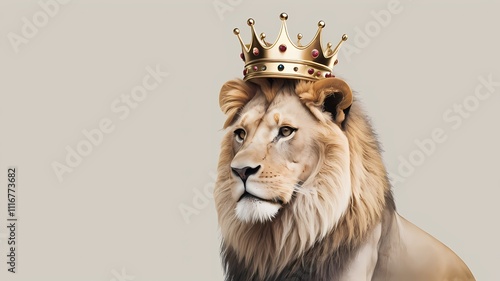 Illustration of a lion wearing a golden crown. The Lion of Judah. Against a beige background. Empowered. Courage. Lion placed a bit right in the image, creating a small place for text. photo