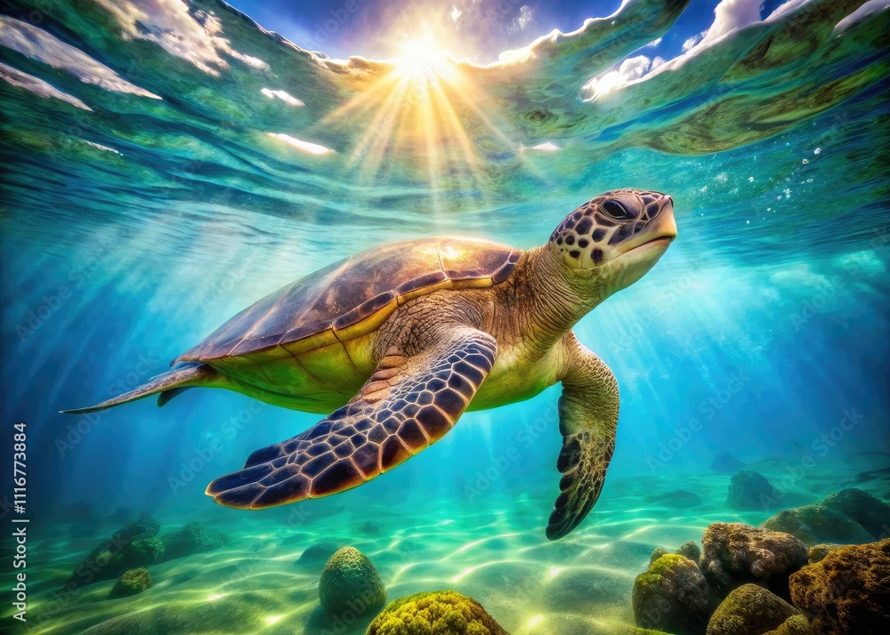 Fototapeta premium Lifelike Hawaiian green sea turtle gliding through vibrant turquoise waters, captured in stunning underwater photography, showcasing the beauty of marine life in its natural habitat.