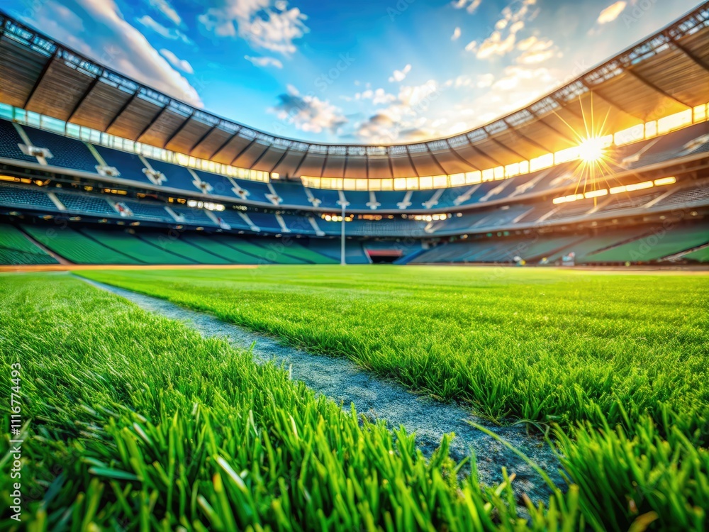 Fototapeta premium Lush green baseball field turf captured in a panoramic shot, highlighting nature, sports aesthetics, and grass care in an urban park for outdoor enthusiasts and summer activities.