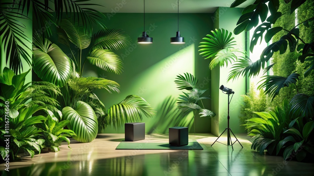 Fototapeta premium Lush tropical green backdrop enhances fashion photography, featuring vibrant leaves and dynamic shadows, perfect for showcasing products in a fresh, captivating environment.