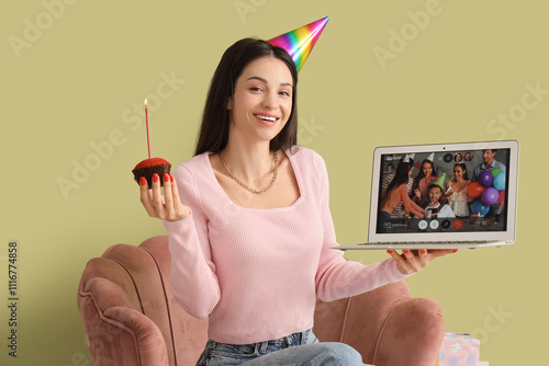 Happy young woman with muff...