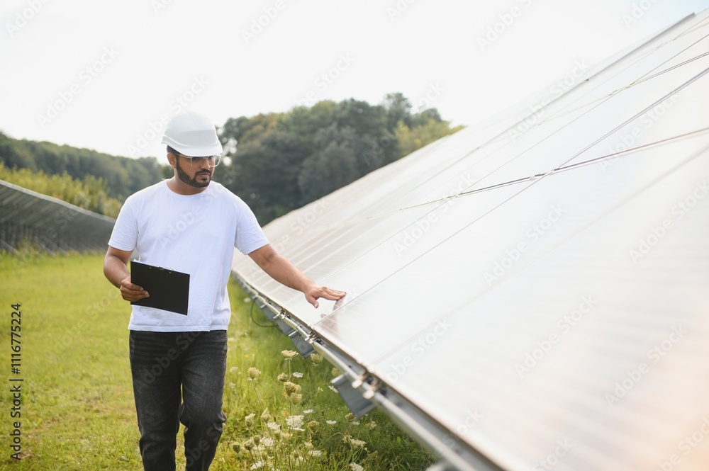 Portrait of Young indian male engineer standing near solar panels, with clear blue sky background, Renewable and clean energy. skill india, copy space Portrait of Young indian male engineer standing near solar panels, with clear blue sky background, Renewable and clean energy. skill india, copy space