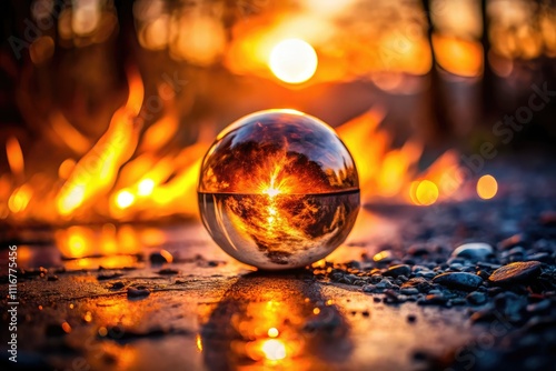 Mesmerizing tilt-shift photography captures a radiant fiery orb amidst darkness, radiating light and allure, creating an atmosphere thick with mystery and intrigue.