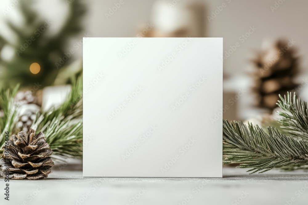 Blank white card surrounded by frosted pinecones, evergreen branches, and soft holiday decorations. Card mockup. Blank white card surrounded by frosted pinecones, evergreen branches, and soft holiday decorations. Card mockup.