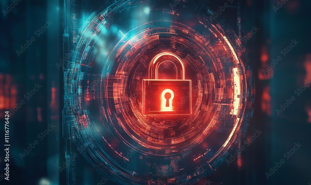 Obraz premium In this digital security background, a high-tech padlock is enclosed in a glowing technological circle, which is ideal for illustrating cybersecurity concepts