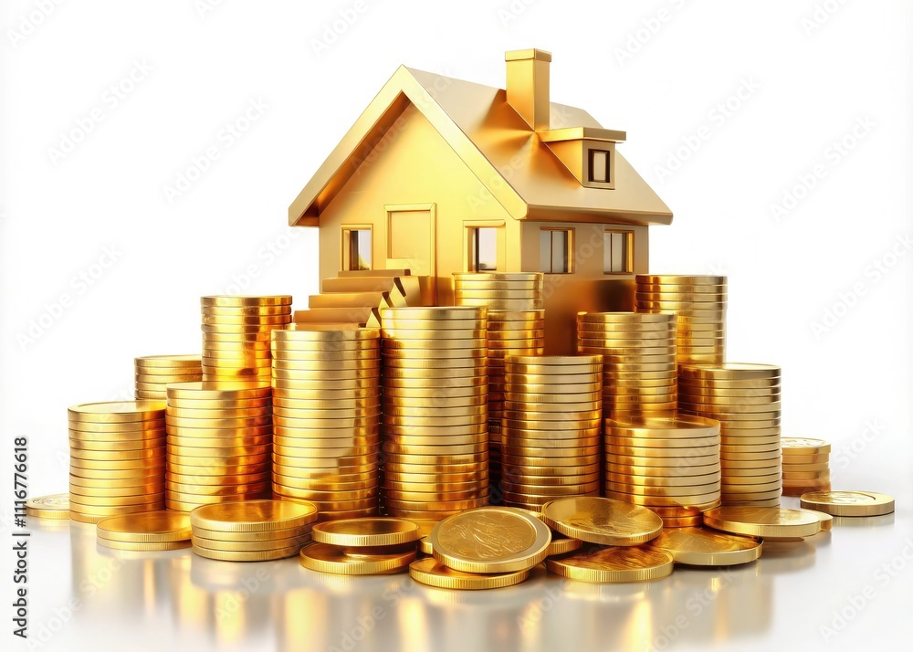 Opulent 3D golden house surrounded by shimmering gold coins and bars, elegantly captured in minimalist photography, showcasing luxury and wealth in stunning detail.