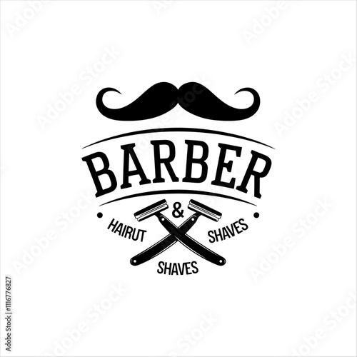 "Classic Barber Shop vector silhouette Logo Design with Moustache and Razors, Haircuts & Shaves Branding"