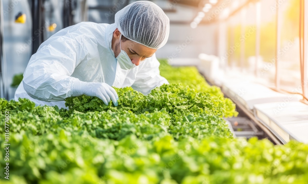 Inside a highly controlled vertical farm, a worker dressed in a white protective gown and hairnet carefully tends to rows of vibrant green lettuce plants Inside a highly controlled vertical farm, a worker dressed in a white protective gown and hairnet carefully tends to rows of vibrant green lettuce plants