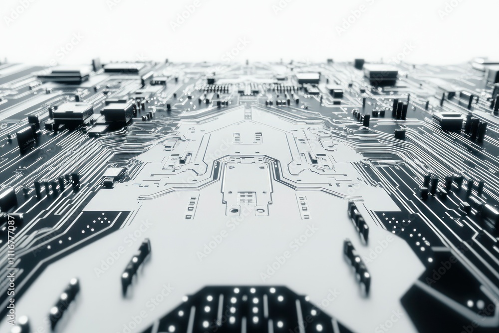 Fototapeta premium Close-up of a modern computer motherboard with integrated circuits and components, emphasizing the complexity of electronic technology and circuit design
