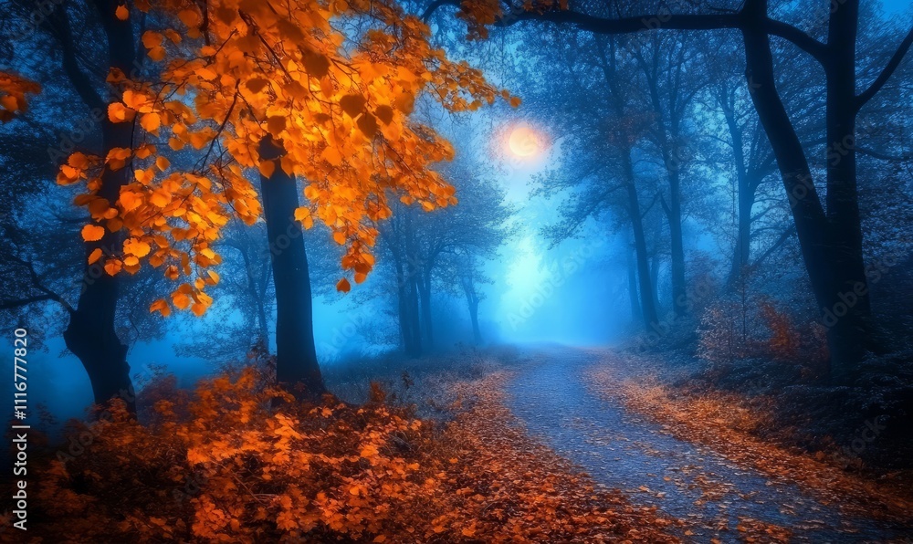 Fototapeta premium It's Halloween time, so let's take a look at a mysterious forest lit by moonlight and fog