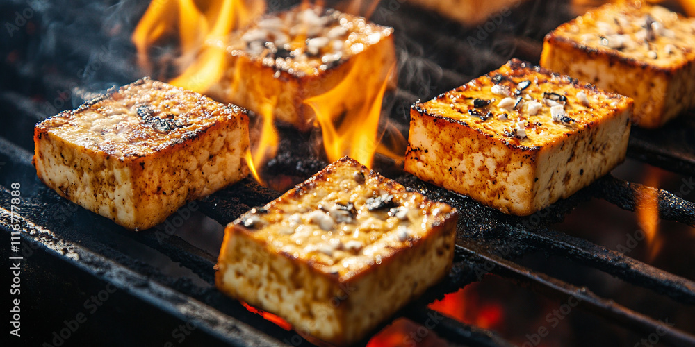Tofu on the barbecue grill with fire, sparks and smoke Tofu on the barbecue grill with fire, sparks and smoke
