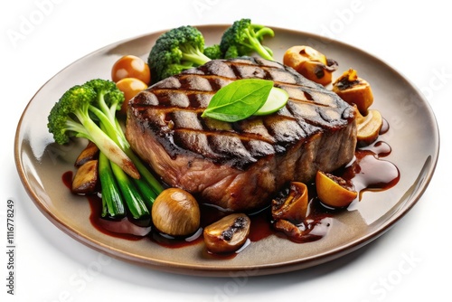 Savor grilled steak paired with tender bok choy and mushrooms, drizzled with rich black bean sauceâ€”a delicious, vibrant Asian-inspired dish for your table. photo