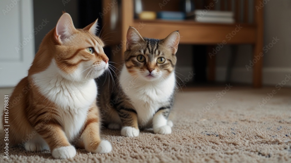 Two cats sitting on carpet, looking away.