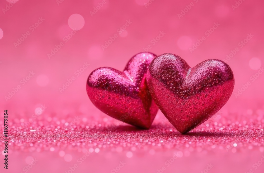Obraz premium Two Hearts On Pink Glitter In Shiny Background - Valentine's Day Concept