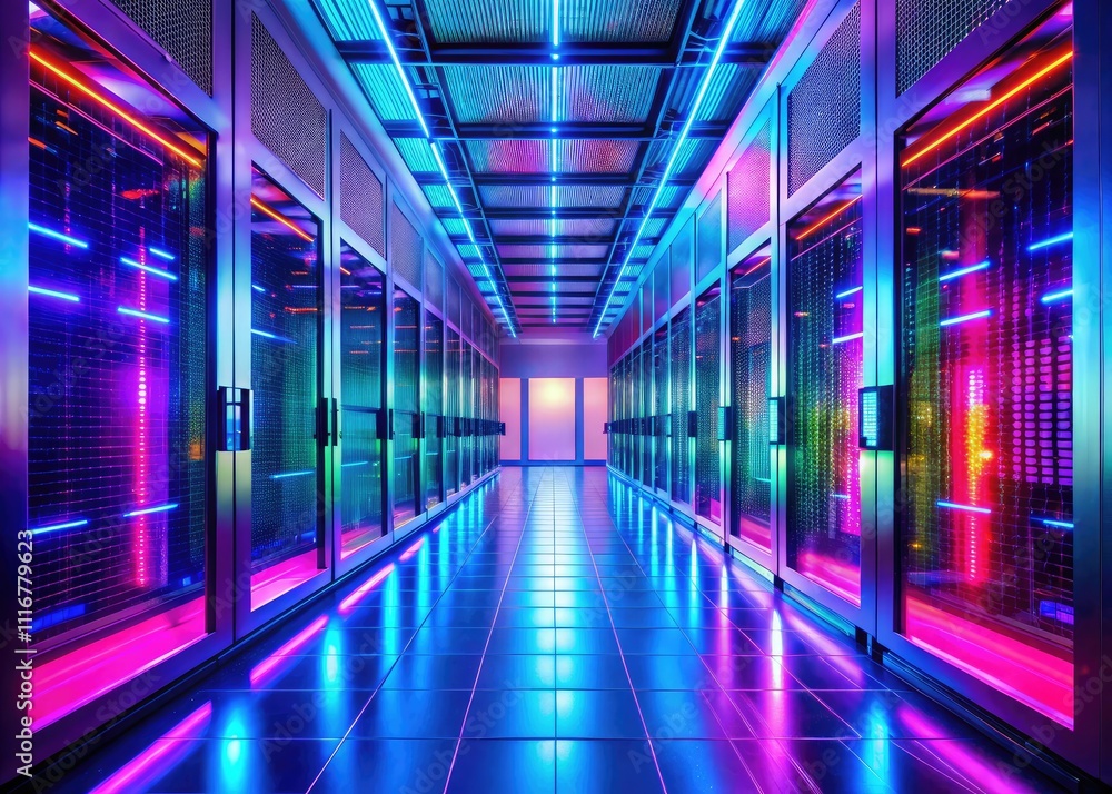 Sleek modern data center hallway features rows of server racks illuminated by LED lighting, showcasing an advanced, high-tech environment for IT infrastructure and network solutions. Sleek modern data center hallway features rows of server racks illuminated by LED lighting, showcasing an advanced, high-tech environment for IT infrastructure and network solutions.