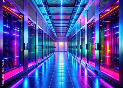 Sleek modern data center hallway features rows of server racks illuminated by LED lighting, showcasing an advanced, high-tech environment for IT infrastructure and network solutions.