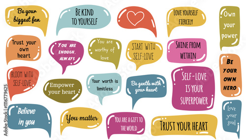 Bright and cheerful self-love speech bubble collection featuring uplifting affirmations and empowering love slogans. Playful, colorful designs in a fun cartoon style.