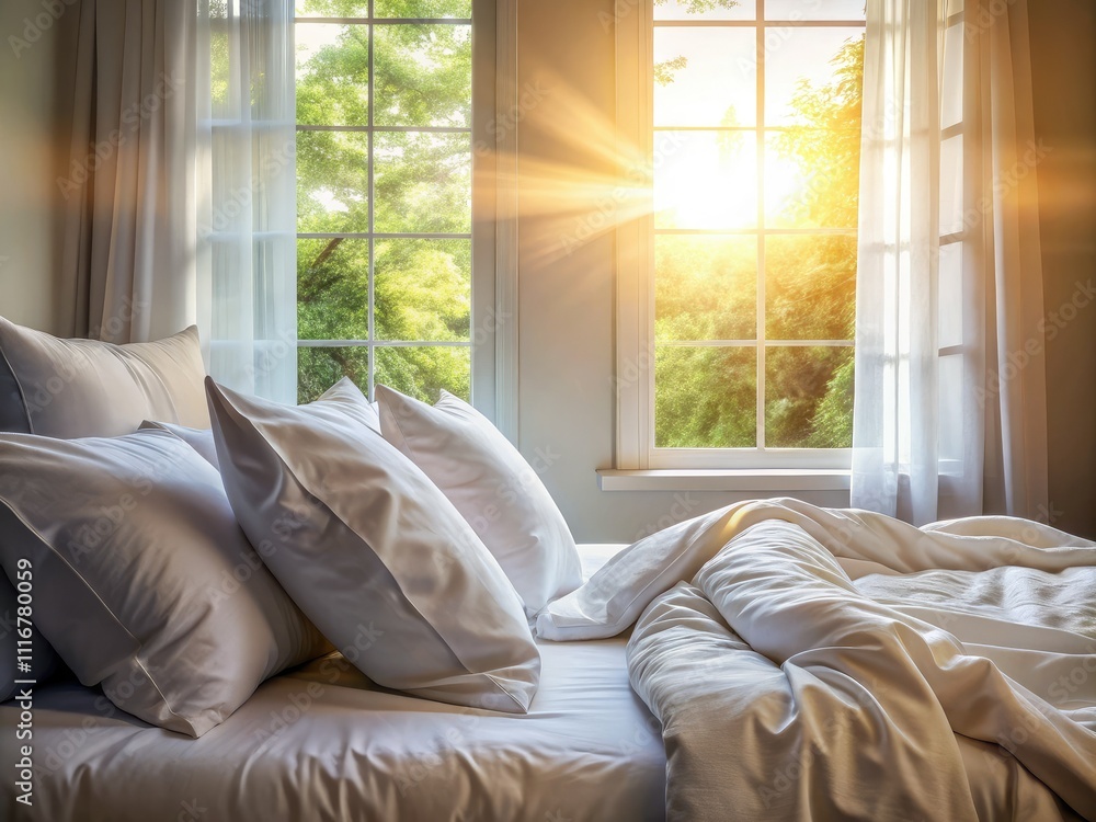 Fototapeta premium Soft sunlight spills over white bedding, highlighting inviting sheets and pillows. The serene bedroom ambiance promotes relaxation and comfort, creating a peaceful retreat.