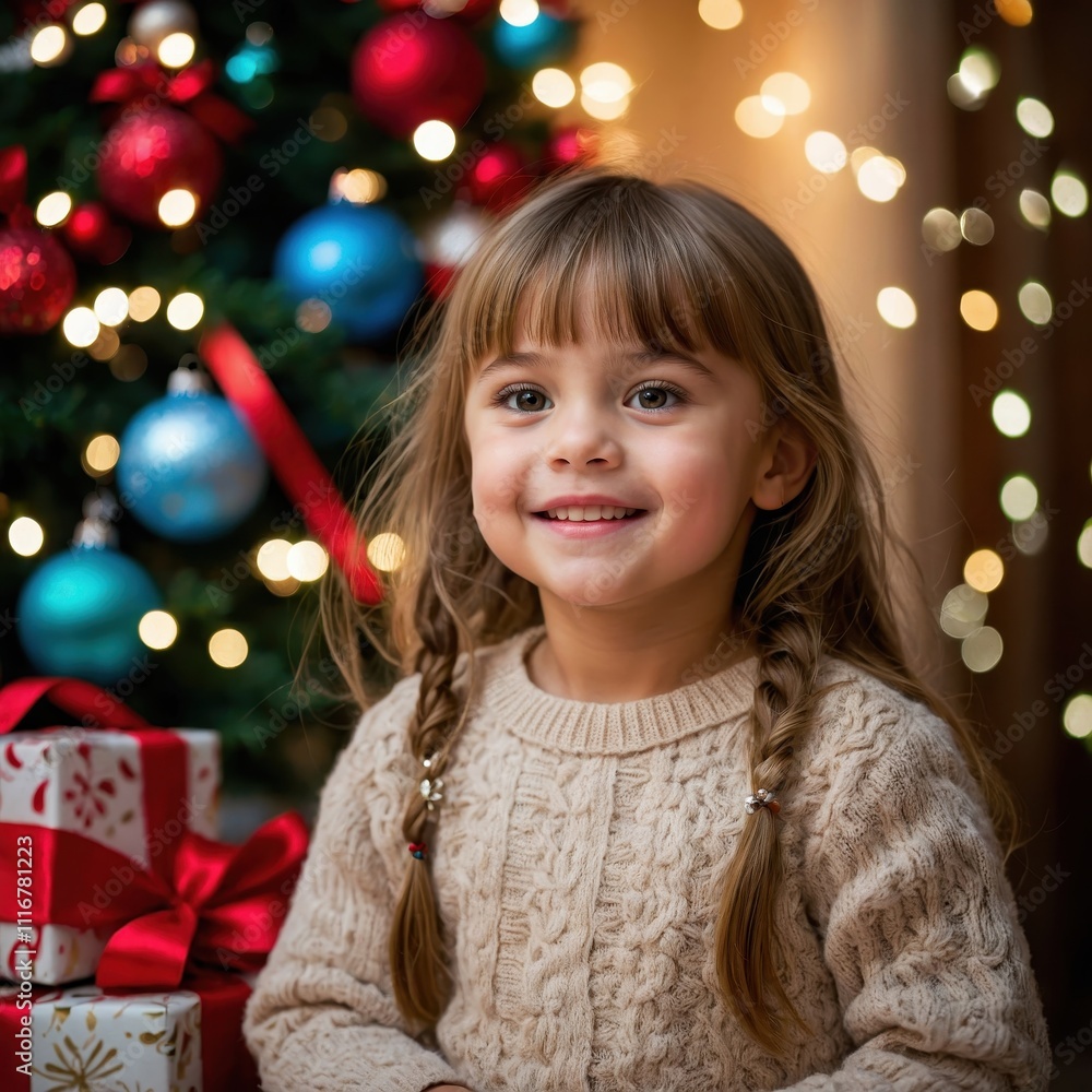 A young girl stands joyfully in front of a glowing Christmas tree, surrounded by festive decorations, capturing the warmth and spirit of the holiday season A young girl stands joyfully in front of a glowing Christmas tree, surrounded by festive decorations, capturing the warmth and spirit of the holiday season