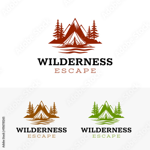 Wilderness Escape logo design shows tent, mountains, trees, water. Suitable for outdoor, adventure, camping, travel, tourism, nature, ecofriendly themes. EPS Layered Vector File photo