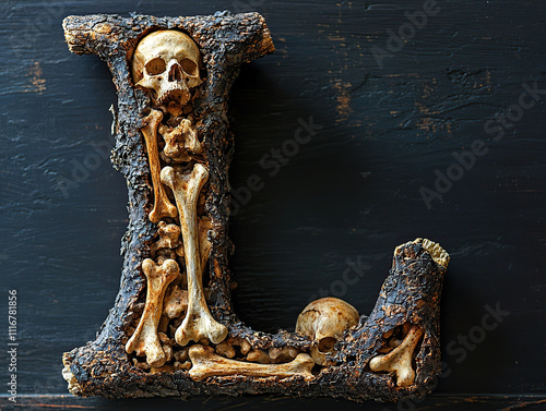 alphabet, bones, letters, skeleton, spooky, eerie, creepy, horror, gothic, macabre, anatomy, skull, spine, ribcage, femur, tibia, fibula, humerus, ulna, radius, clavicle, scapula, pelvis, vertebrae, m