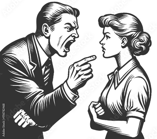husband yells at wife, boss yells at employee, angry man yelling at a calm woman sketch engraving generative ai fictional character vector illustration. Scratch board imitation. Black and white image.