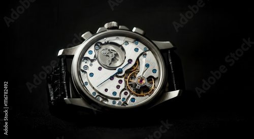 Elegant mechanical wristwatch with exposed gears and intricate craftsmanship on a black background. The design highlights precision engineering and luxury aesthetics, AI photo