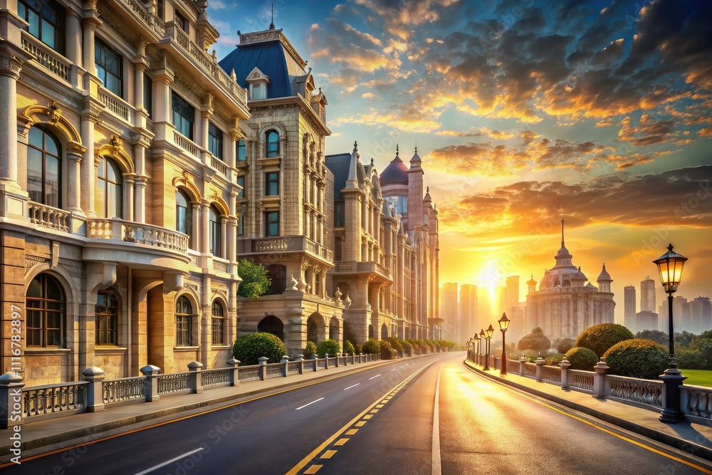 Fototapeta premium The morning sun casts a warm glow over an opulent street, highlighting magnificent architectural designs behind it, capturing the essence of urban charm through cinematic imagery.