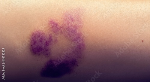 Purple bruise on light skin, showing discoloration and healing process on a close-up view, AI