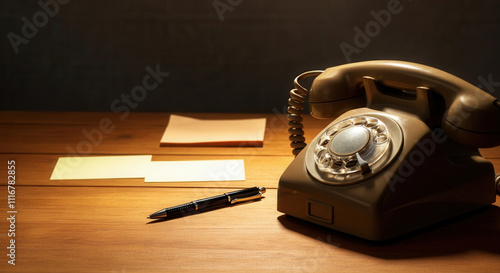 Vintage rotary telephone on a wooden desk with blank papers and a pen under warm lighting, AI photo